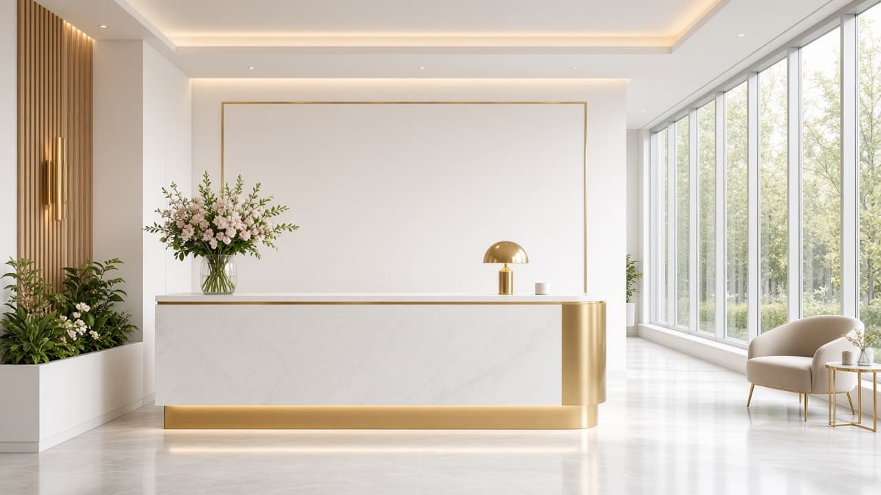 Modern consultancy reception desk with warm gold accents