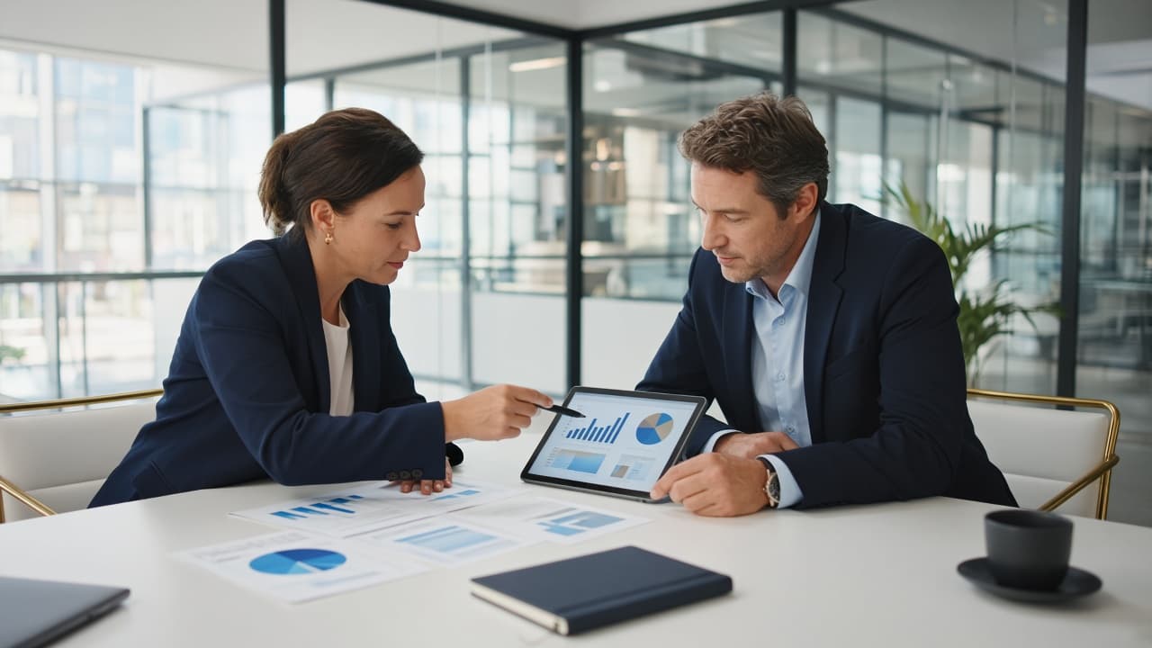 Consultants reviewing strategy in a glass meeting room